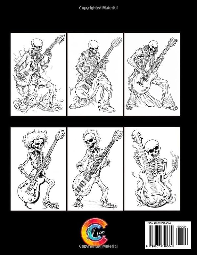 Rock N Roll Skeletons: Guitar-themed Coloring Book for Music